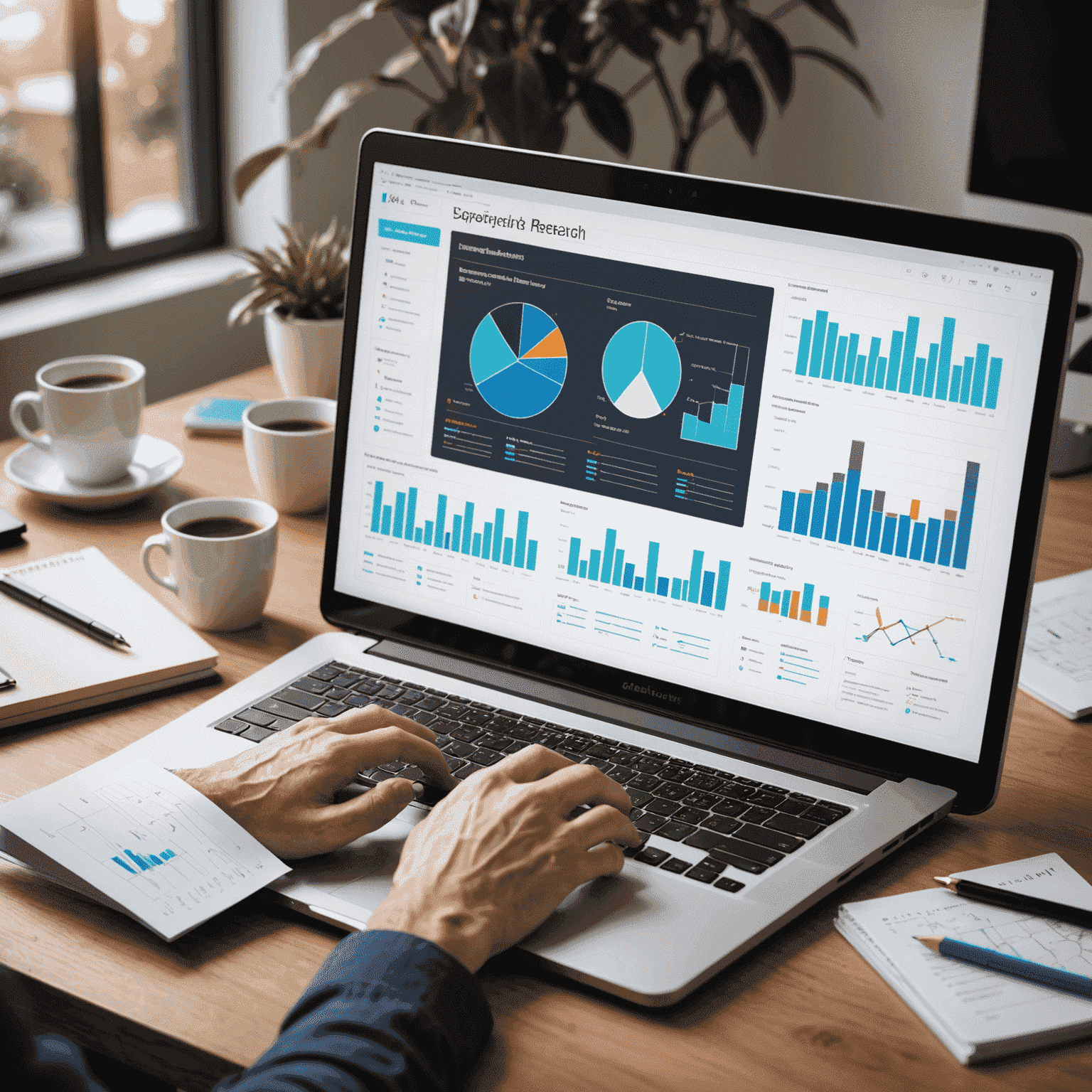 صورة توضيحية لبحث تجربة المستخدم، تظهر مخططات وإحصائيات على شاشة كمبيوتر مع ملاحظات ورسومات بيانية